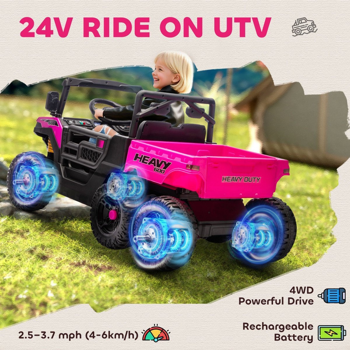 Qaba 24V 4WD Kids Ride On Truck with 6 Wheels Electric Ride On Car with Remote, Dump Bed for 3-8 Years, Pink