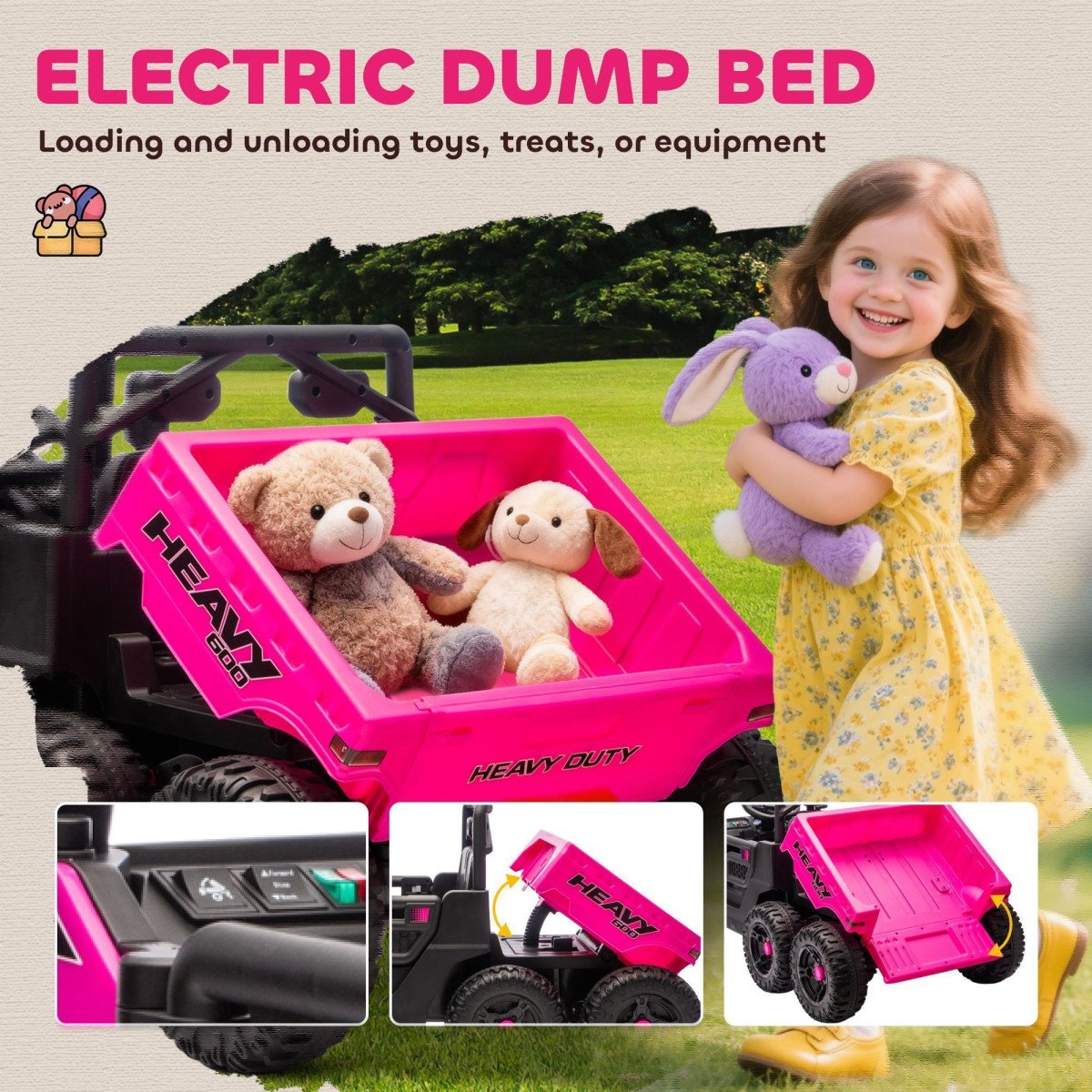 Qaba 24V 4WD Kids Ride On Truck with 6 Wheels Electric Ride On Car with Remote, Dump Bed for 3-8 Years, Pink