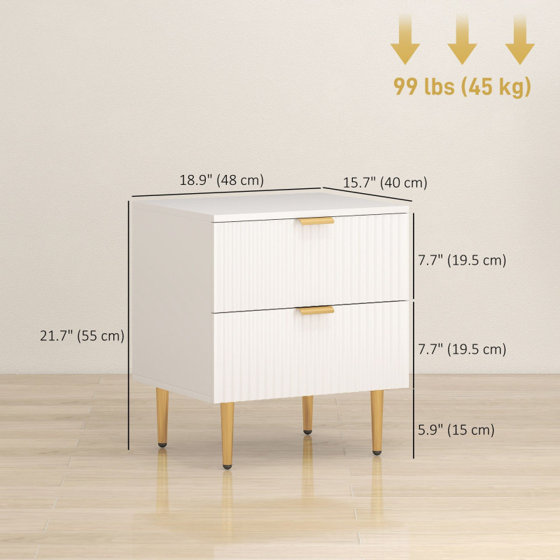 Bedside Table, Modern Nightstand with 2 Drawers, Side End Table with Metal Legs for Living Room, Bedroom, White