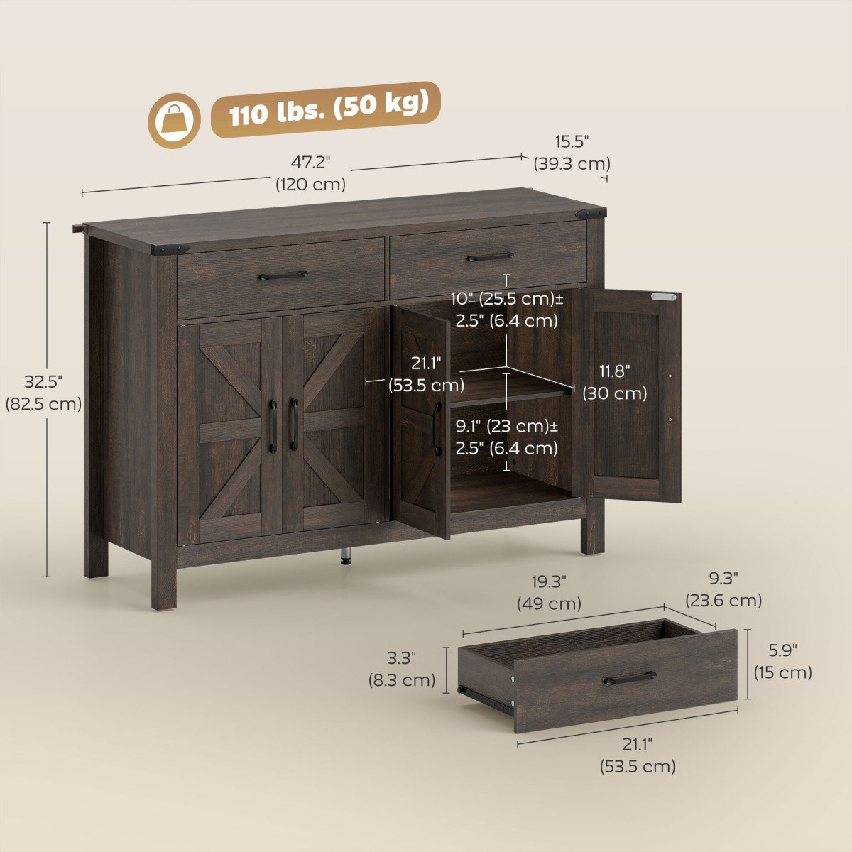 Sideboard Buffet Cabinet, Farmhouse Kitchen Storage Cabinet with 2 Drawers and Shelves for Living Room, Entryway