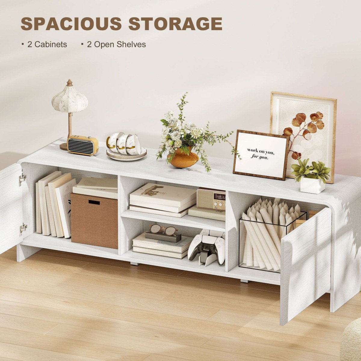 TV Stand for up to 65 Inch TV, Nordic Entertainment Center with 2 Cabinets and 2 Open Shelves for Living Room, White