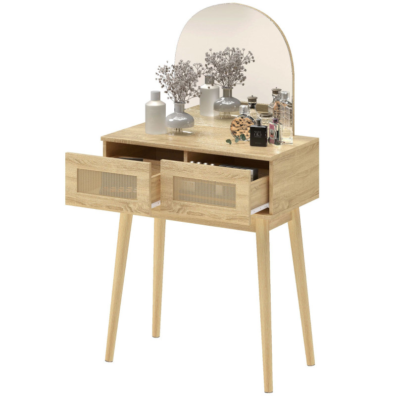 Vanity Desk, Makeup Vanity with with Mirror and 2 Drawers, Natural Wood