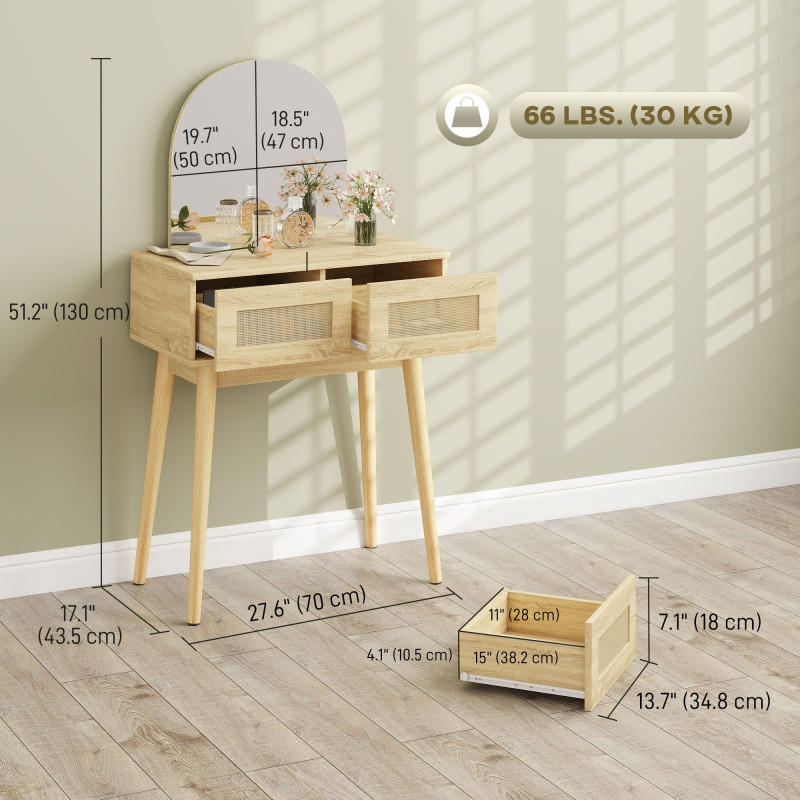 Vanity Desk, Makeup Vanity with with Mirror and 2 Drawers, Natural Wood