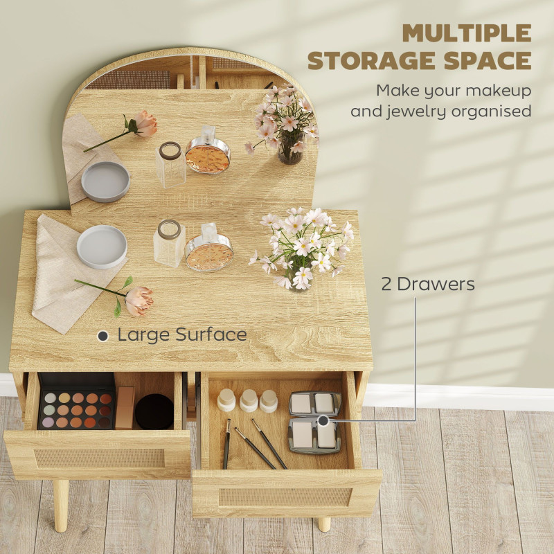 Vanity Desk, Makeup Vanity with with Mirror and 2 Drawers, Natural Wood