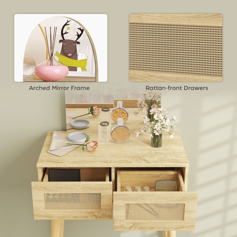 Vanity Desk, Makeup Vanity with with Mirror and 2 Drawers, Natural Wood