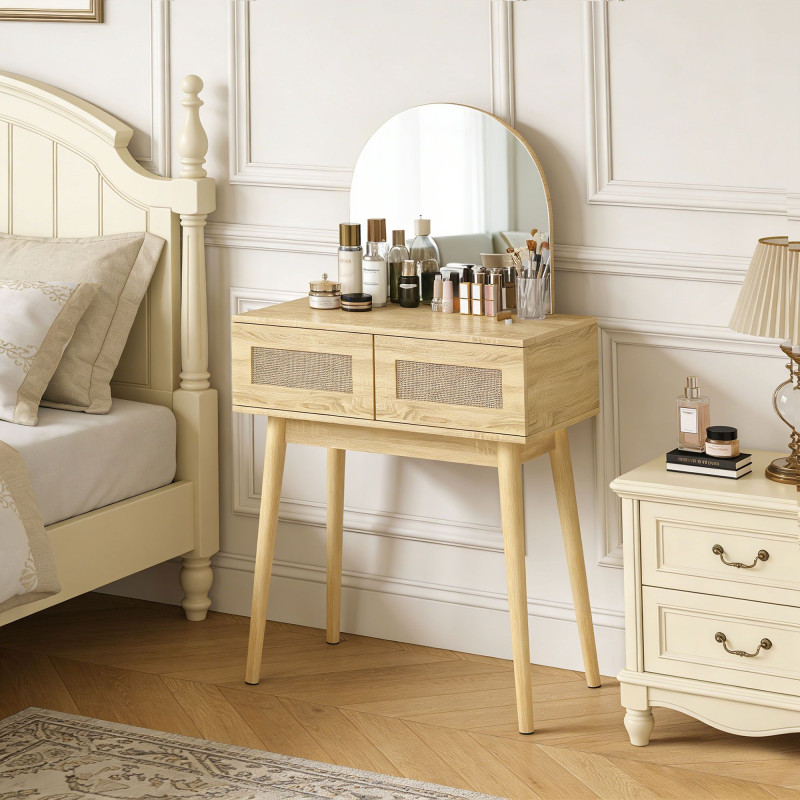 Vanity Desk, Makeup Vanity with with Mirror and 2 Drawers, Natural Wood