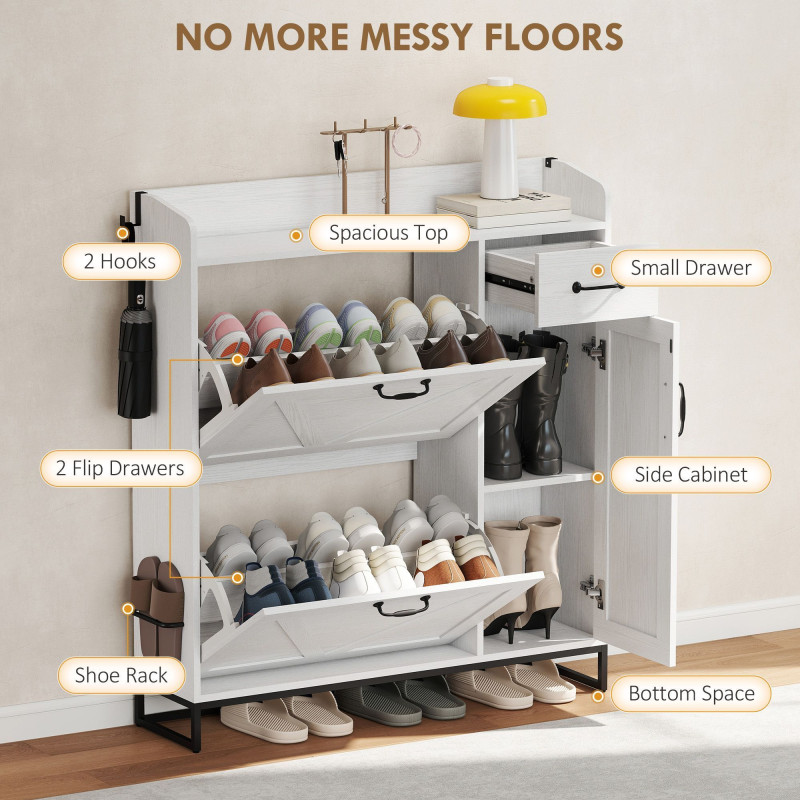 Farmhouse Shoe Storage Cabinet with Side Cabinet and Adjustable Shelves for Entryway, Hallway, Holds 12 Pairs, White