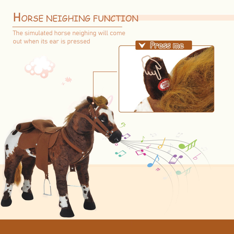 Qaba Standing Ride on Horse, Plush Pony Toy for Kids with Neighing Sound, Soft Padding, for Cowboy Cowgirl Aged 3-8 Years Old, Brown