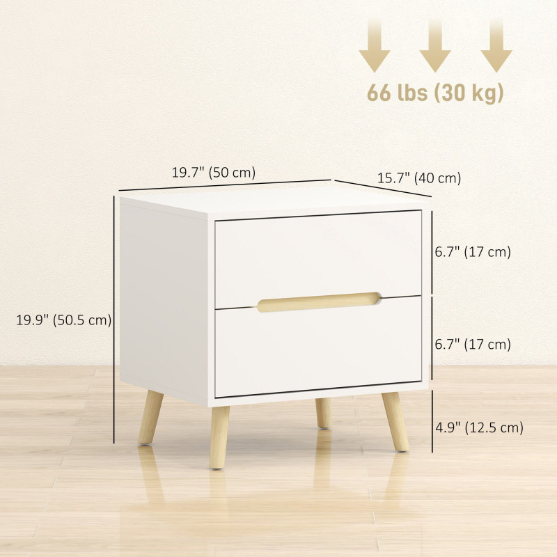Nightstands Set of 2, Bedside Table with 2 Drawers, Modern Side End Table with Solid  Wood Legs for Bedroom, White
