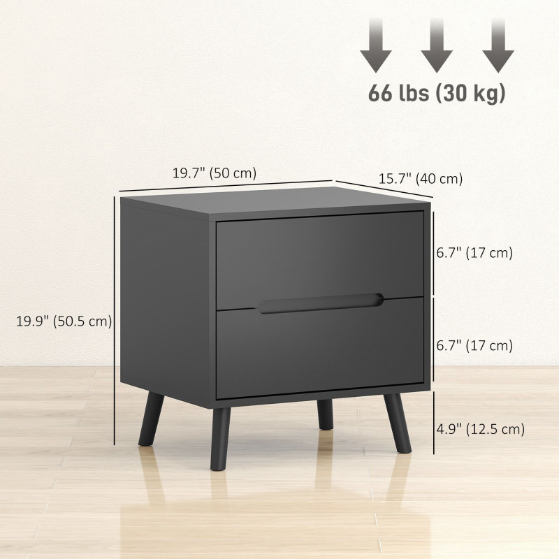 Nightstands Set of 2, Bedside Table with 2 Drawers, Modern Side End Table with Solid  Wood Legs for Bedroom, Black