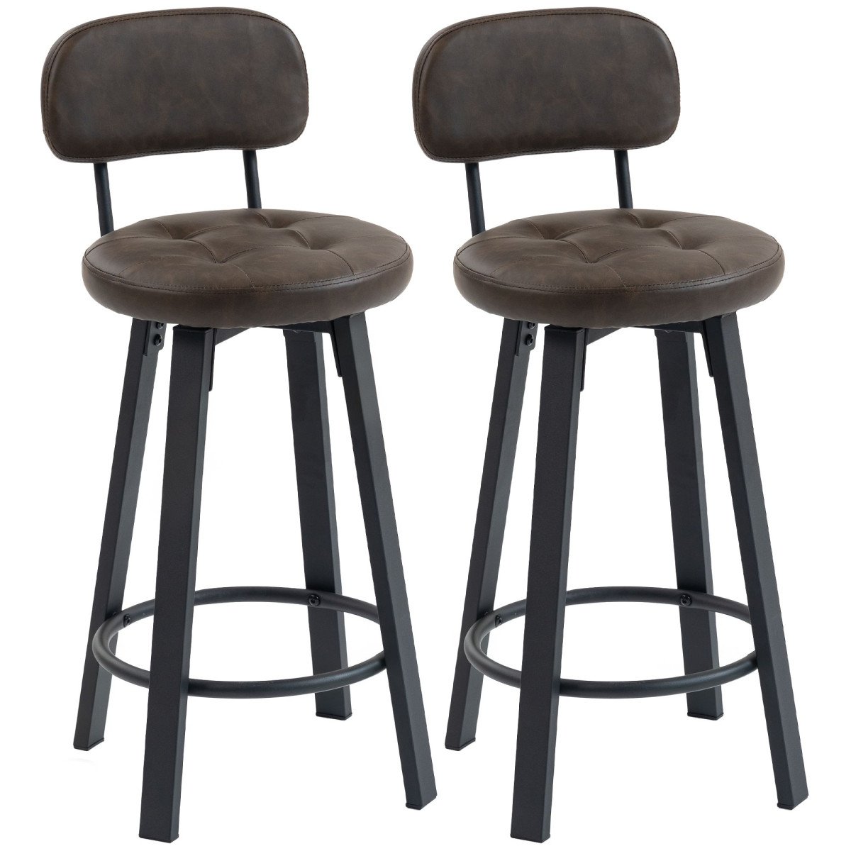 Bar Stools Set of 2, Upholstered Breakfast Bar Chairs with Footrest and Backrest for Kitchen Counter, Brown