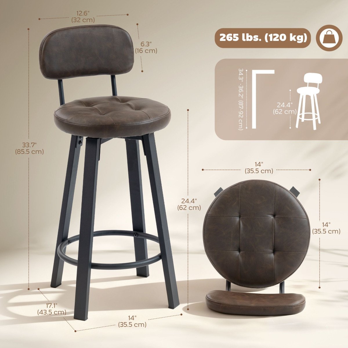 Bar Stools Set of 2, Upholstered Breakfast Bar Chairs with Footrest and Backrest for Kitchen Counter, Brown