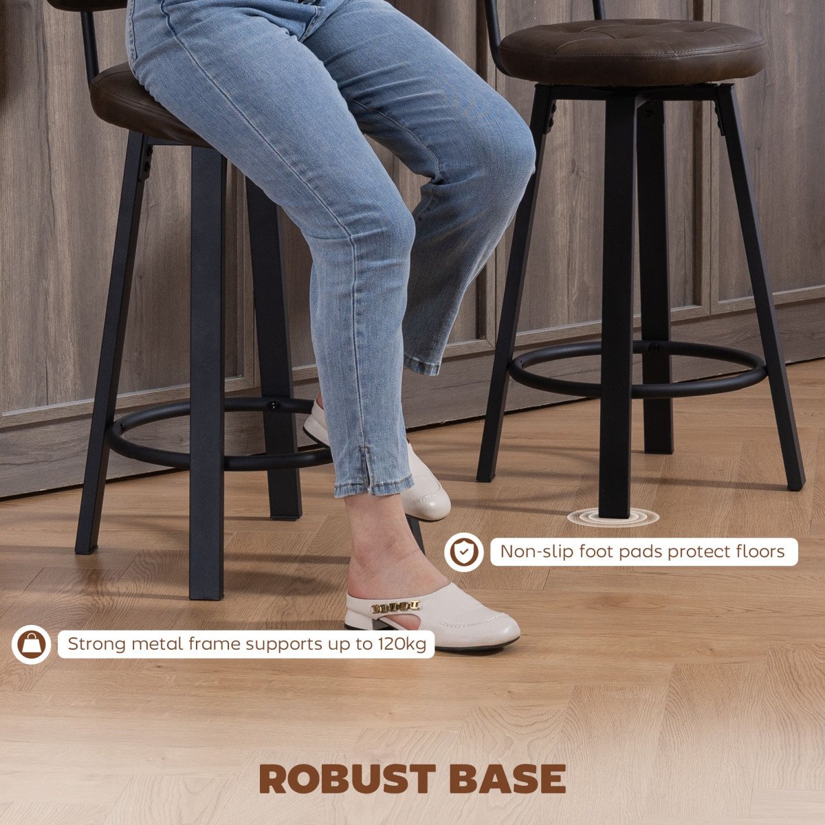 Bar Stools Set of 2, Upholstered Breakfast Bar Chairs with Footrest and Backrest for Kitchen Counter, Brown