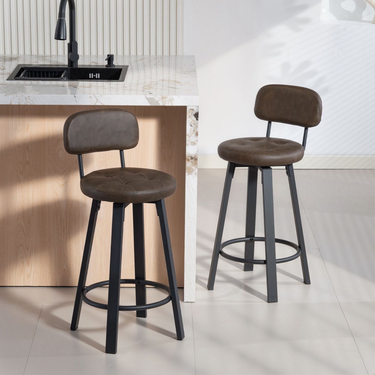 Bar Stools Set of 2, Upholstered Breakfast Bar Chairs with Footrest and Backrest for Kitchen Counter, Brown