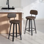 Bar Stools Set of 2, Upholstered Breakfast Bar Chairs with Footrest and Backrest for Kitchen Counter, Brown