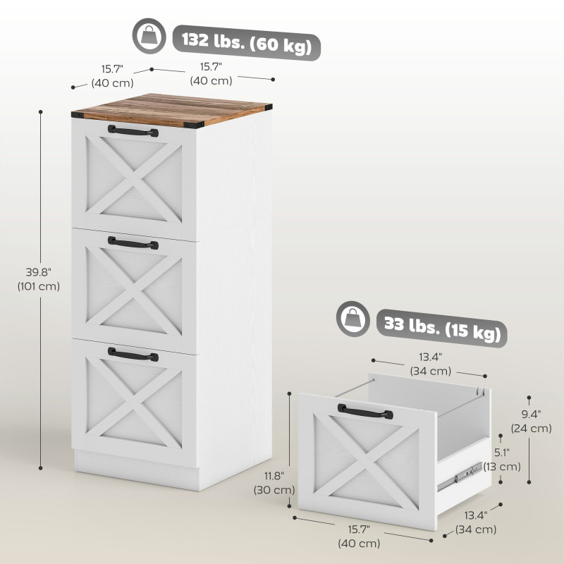 3 Drawer File Cabinet with Silent Slides, Vertical Farmhouse Filing Cabinet Fits Letter/A4 Size Home Office, White