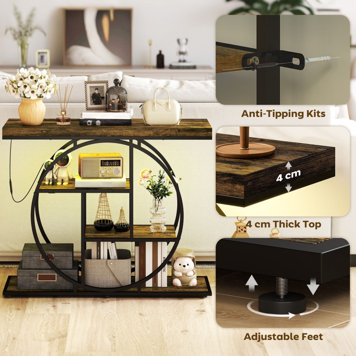 4-Tier Entryway Table with Charging Station LED Lights 39