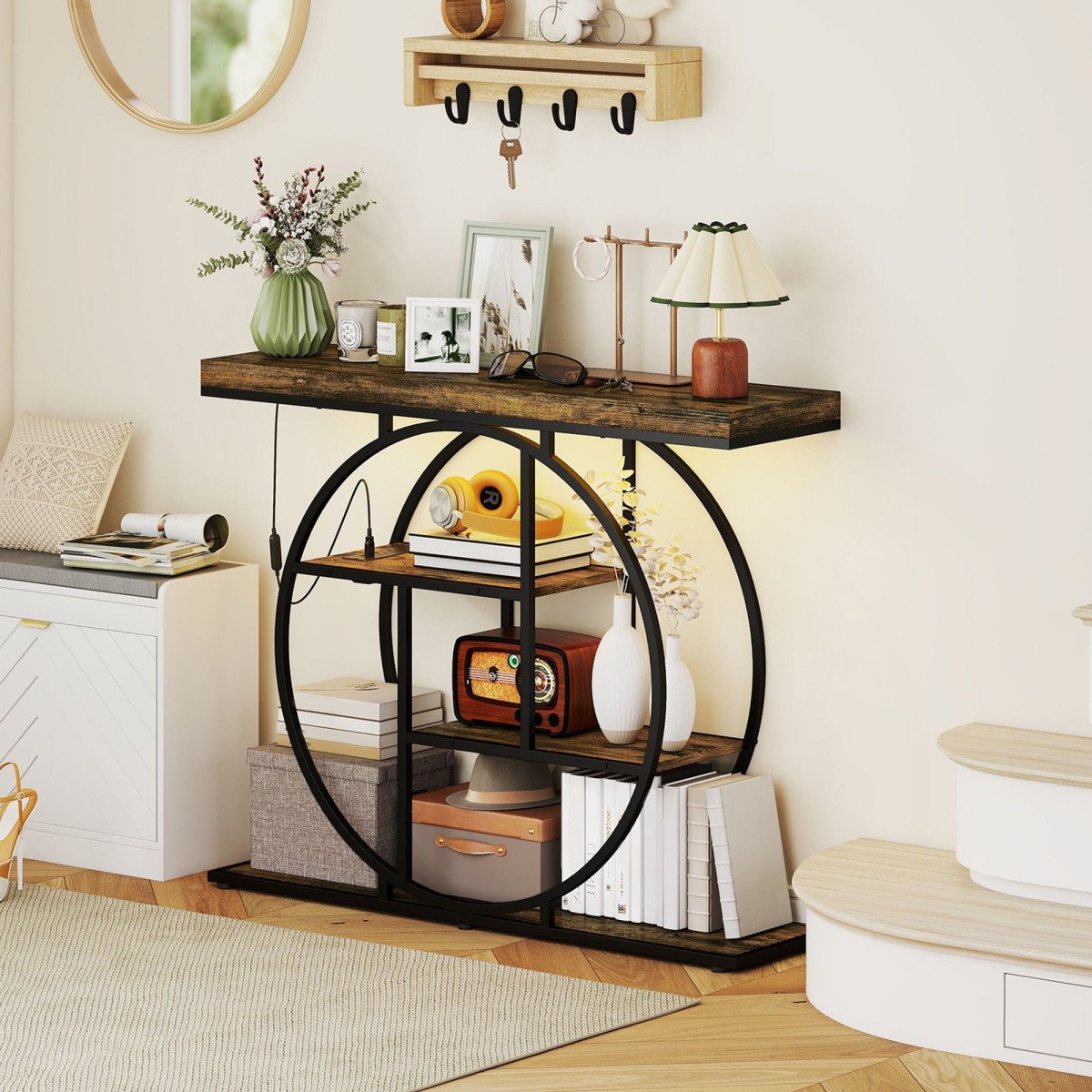 4-Tier Entryway Table with Charging Station LED Lights 39