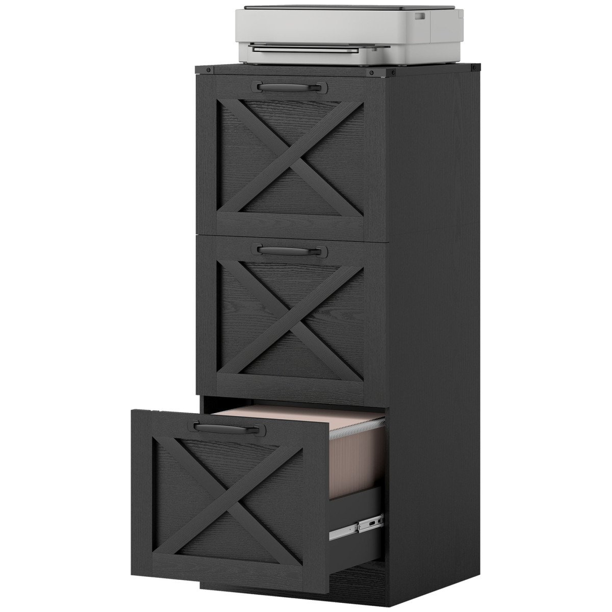 3 Drawer File Cabinet with Silent Slides, Vertical Farmhouse Filing Cabinet Fits Letter/A4 Size Home Office, Black