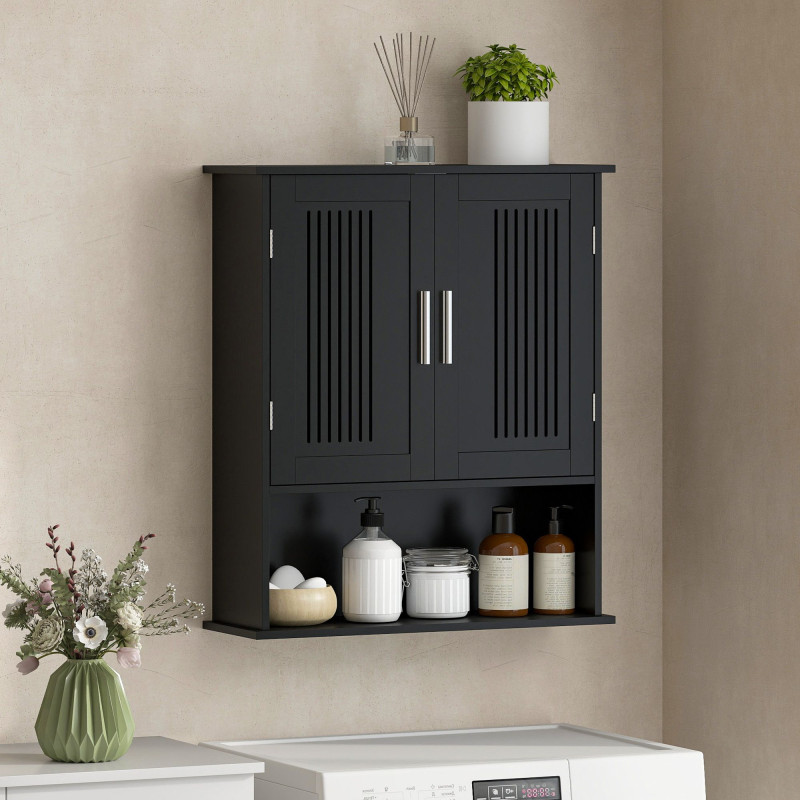 Modern Wall Mount Bathroom Cabinet, Storage Organizer with 2 Door Cabinet and Shelf, Black