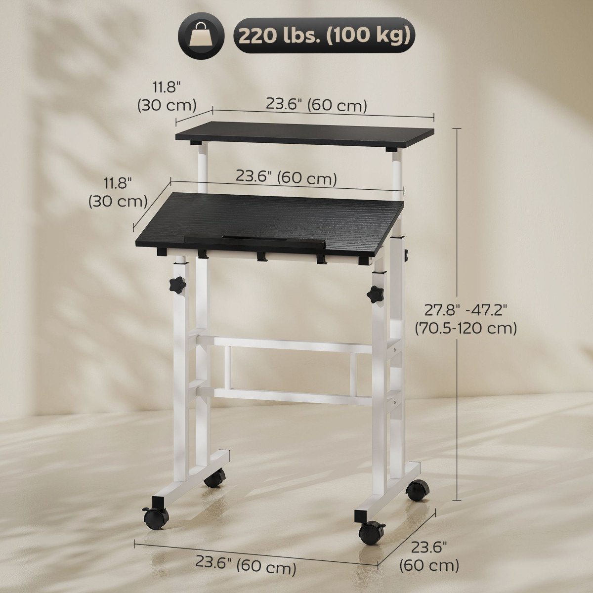Stand Up Desk, Height & Angle Adjustable Computer Desk with Wheels for Standing or Sitting, Laptop Table, Black