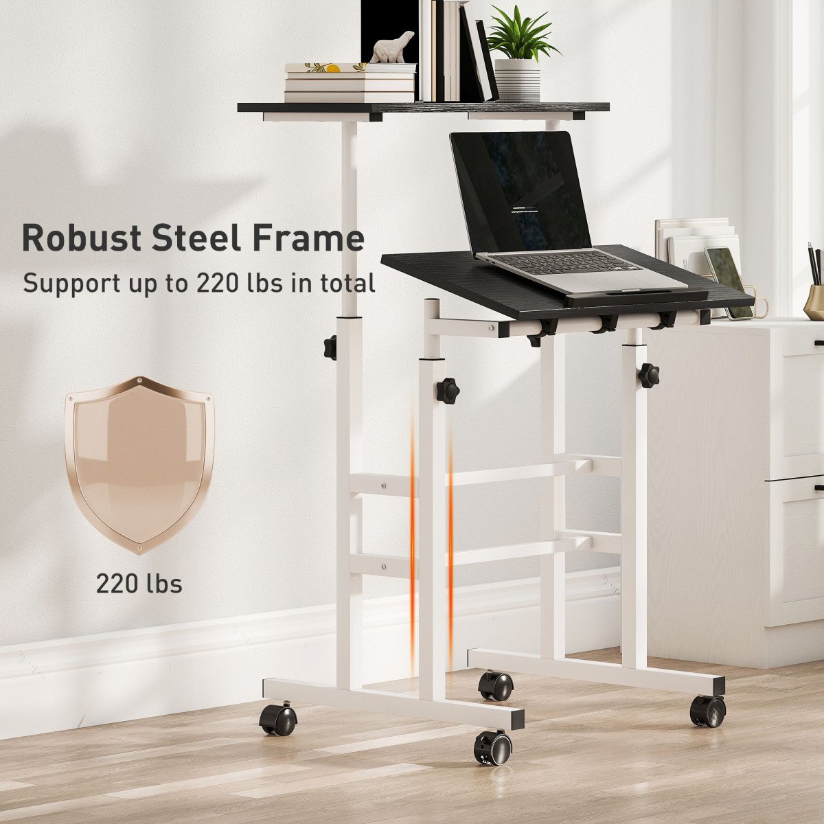 Stand Up Desk, Height & Angle Adjustable Computer Desk with Wheels for Standing or Sitting, Laptop Table, Black