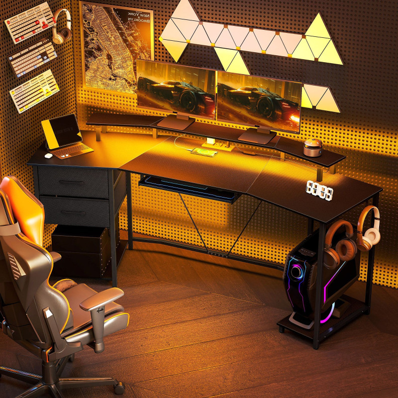 79 inch Gaming Desk with RGB Lights, Computer Table with Power Outlets & USB Ports, Keyboard Tray and 2 Drawers, Black