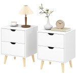 Modern Bedside Table Set of 2, Nightstand with 2 Drawers and Pine Wood Legs for Bedroom, Living Room, White