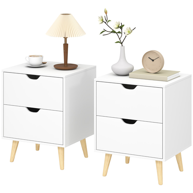 Modern Bedside Table Set of 2, Nightstand with 2 Drawers and Pine Wood Legs for Bedroom, Living Room, White