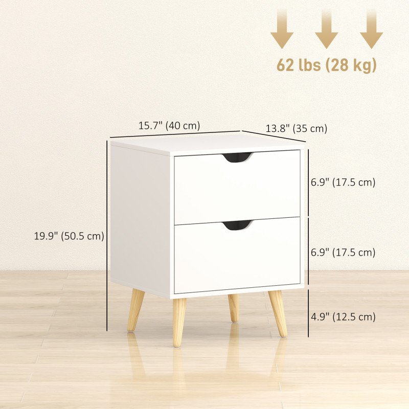 Modern Bedside Table Set of 2, Nightstand with 2 Drawers and Pine Wood Legs for Bedroom, Living Room, White