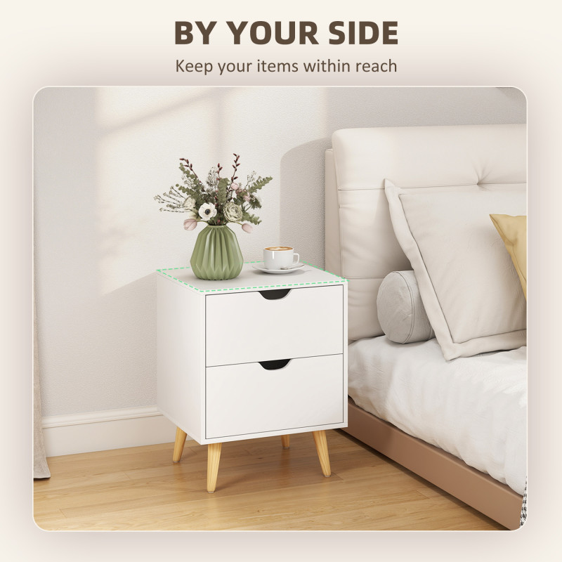 Modern Bedside Table Set of 2, Nightstand with 2 Drawers and Pine Wood Legs for Bedroom, Living Room, White
