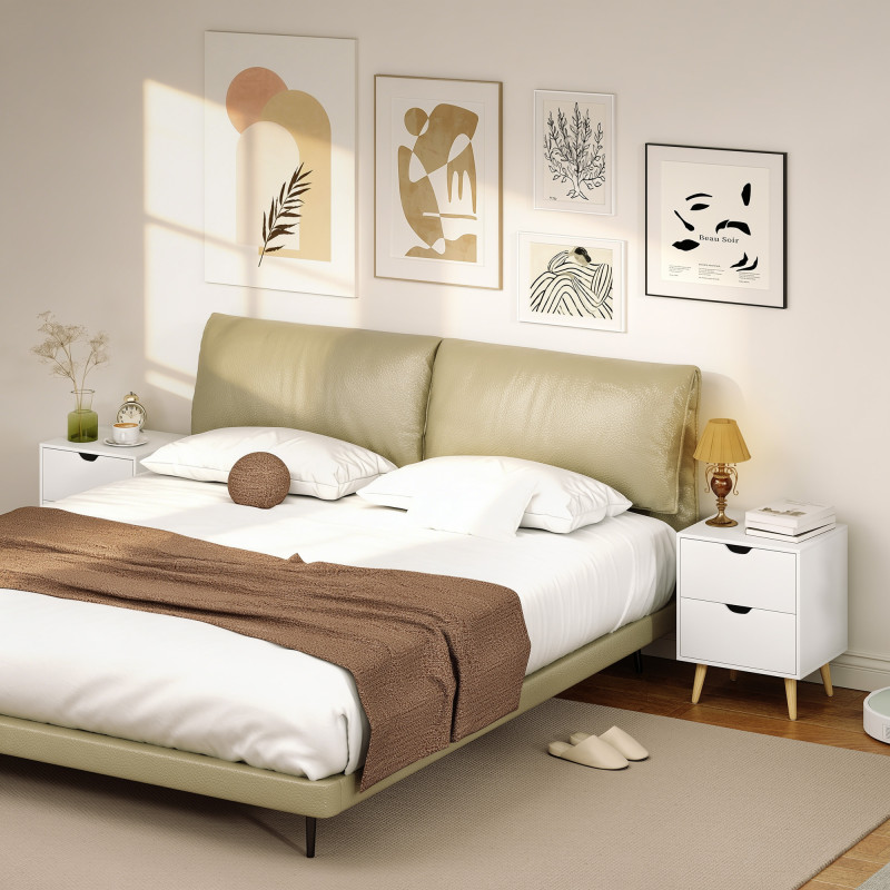 Modern Bedside Table Set of 2, Nightstand with 2 Drawers and Pine Wood Legs for Bedroom, Living Room, White