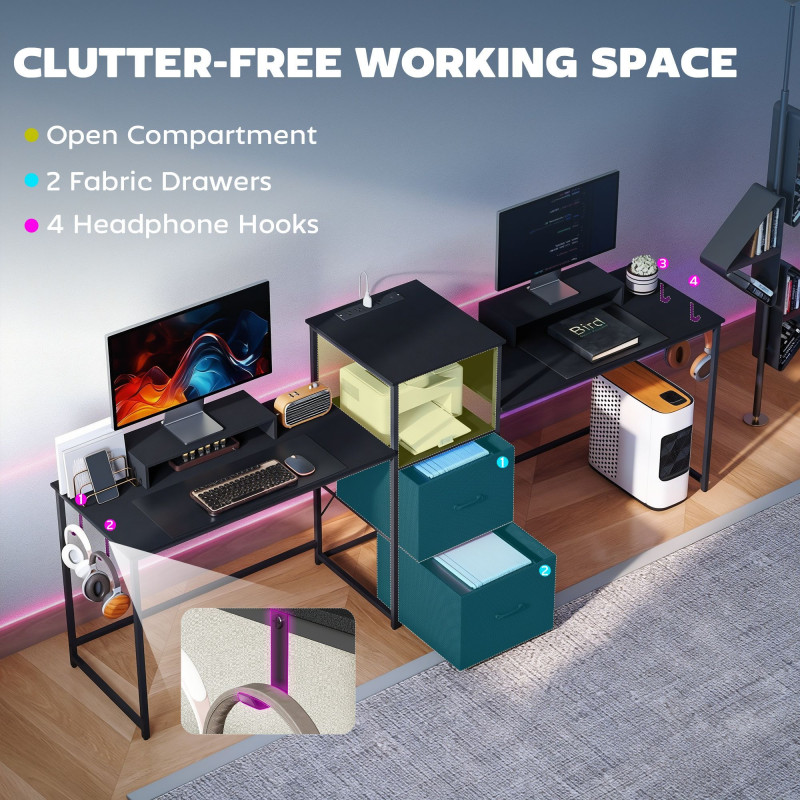 96 Inch Gaming Desk, Dual Computer Desk for 2 Person with Power Outlets and Monitor Stands, Black