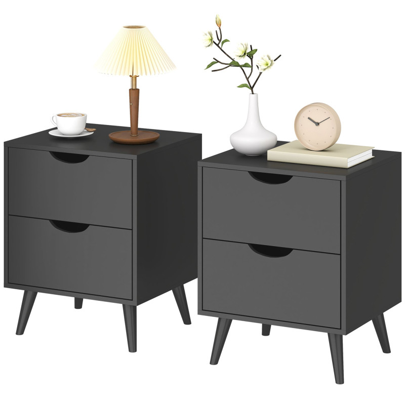 Modern Bedside Table Set of 2, Nightstand with 2 Drawers and Pine Wood Legs for Bedroom, Living Room, Black