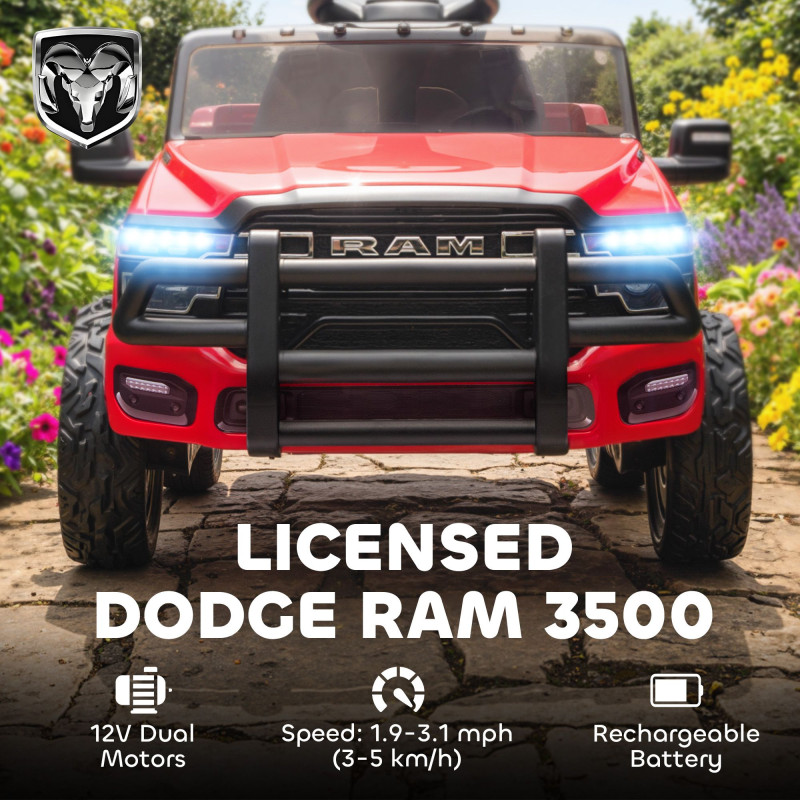 Qaba 12V Ride on Car, Licensed Dodge RAM 3500 Electric Vehicle with Remote Control, Suspension for 3-5 Years, Red