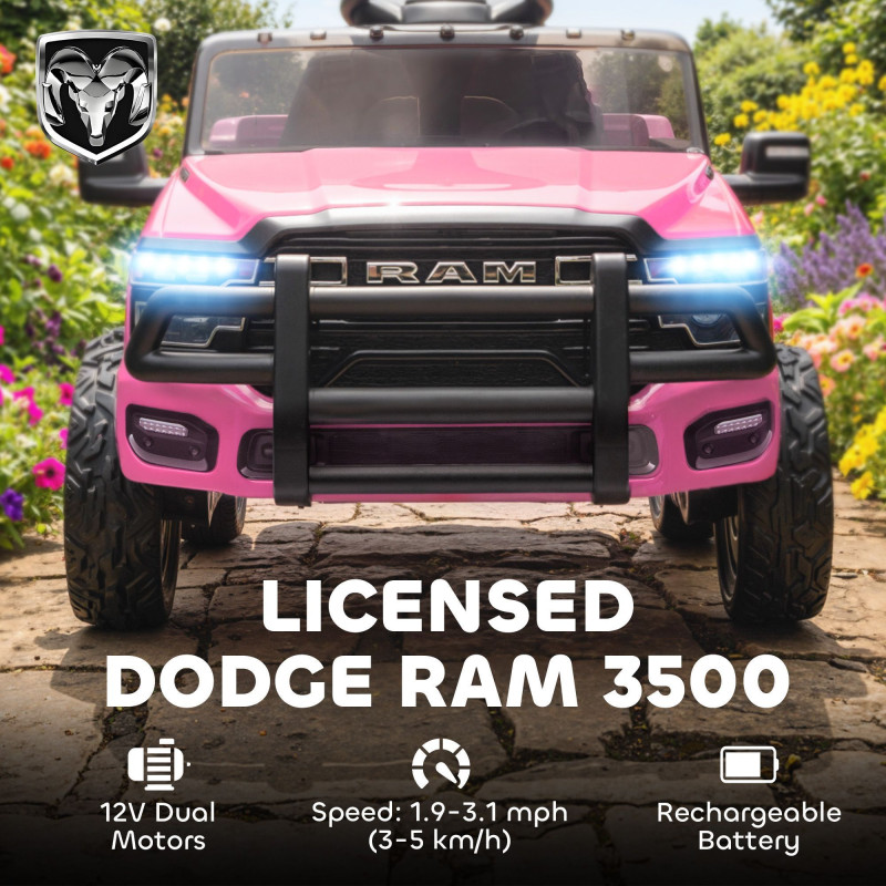 Qaba 12V Ride on Car, Licensed Dodge RAM 3500 Electric Vehicle with Remote Control, Suspension for 3-5 Years, Pink
