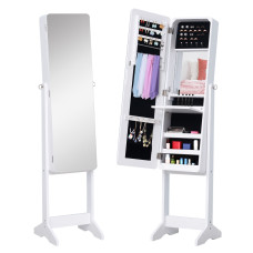 Freestanding Mirror Jewelry Cabinet Armoire, LED Lighted Jewelry Organizer with Stand, Angle Adjustable, White