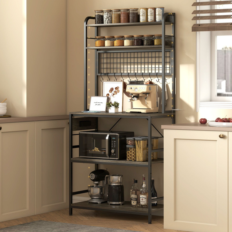 Kitchen Baker's Rack with Power Outlet and LED Light, 5-Tier Coffee Bar Station with 10 Hooks, Grey