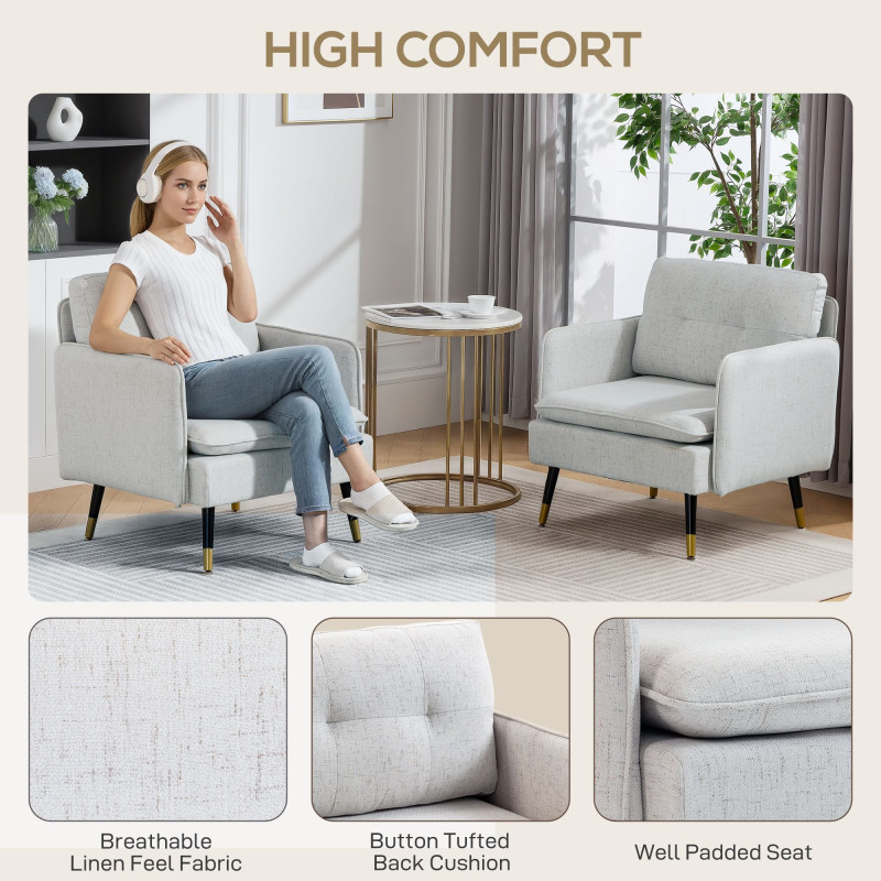 Accent Chairs Set of 2, Upholstered Armchairs with Tufted Back Cushion and Steel Legs for Living Room, Bedroom