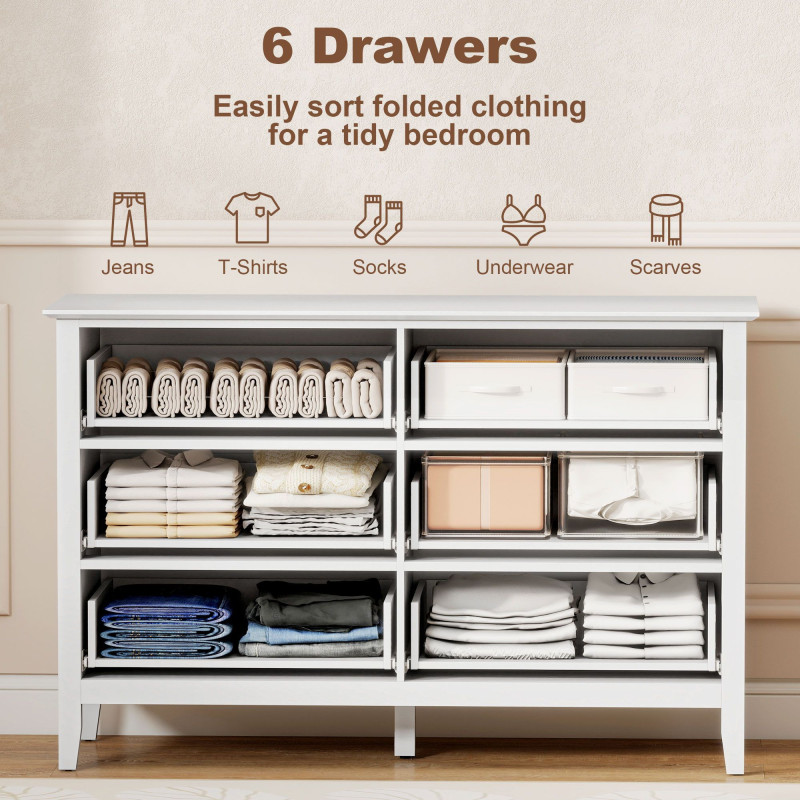 Double Chest of Drawers, Modern 6 Drawer Dresser for Bedroom, Living Room, Hallway, Closet, White