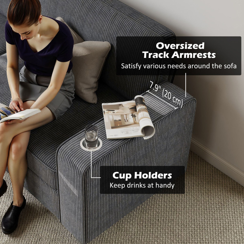 Three Seater Sofa, Fabric 3 Seater Couch with Spring Cushion and Cup Holders for Living Room, Bedroom, Dark Grey