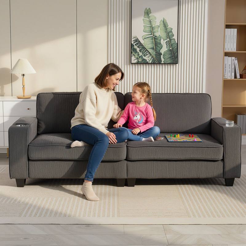 Three Seater Sofa, Fabric 3 Seater Couch with Spring Cushion and Cup Holders for Living Room, Bedroom, Dark Grey
