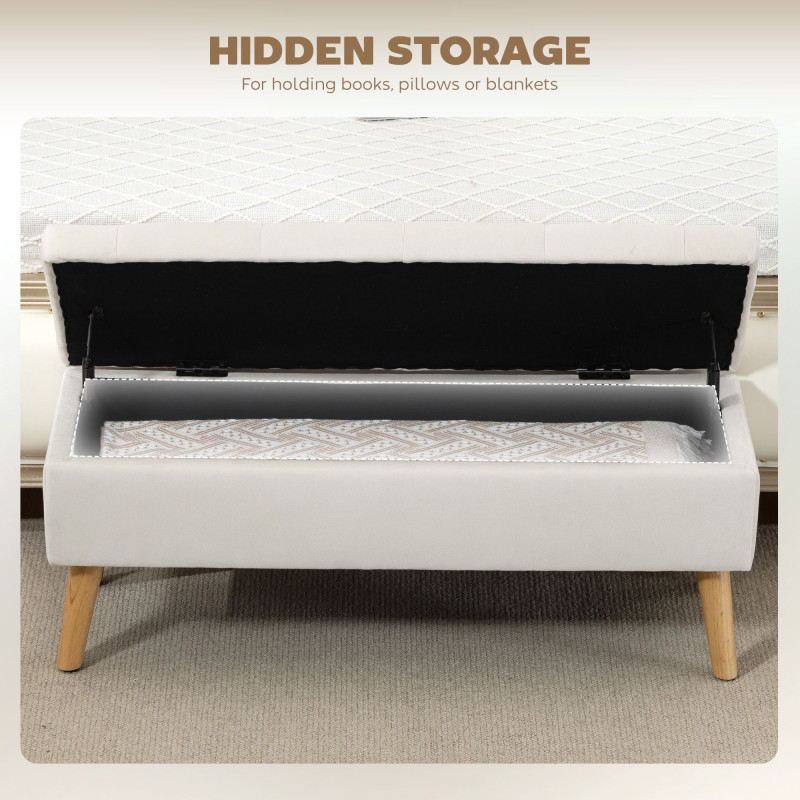 Storage Ottoman with Lid, Velvet Upholstered Storage Bench with Wood Legs for Living Room, Cream White