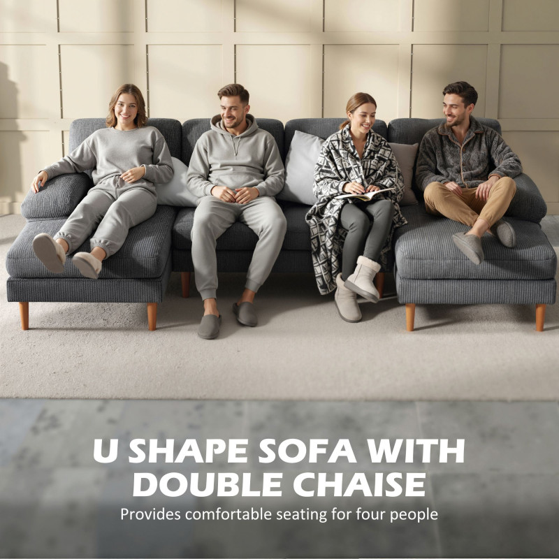 U Shape Couch with Double Chaise Lounge, Modern 4 Seater Sofa with Wooden Legs, Fabric Sofa for Living Room, Dark Grey