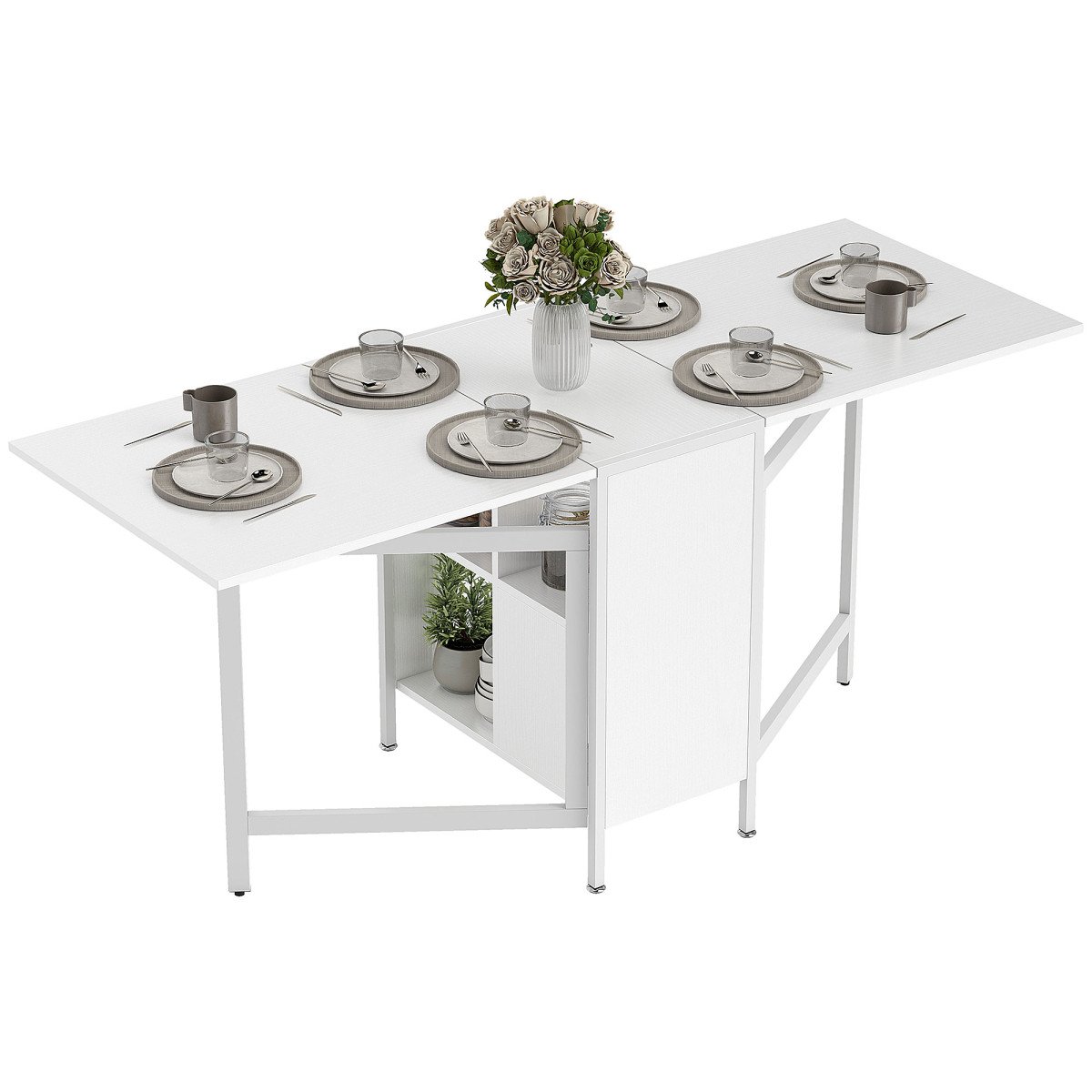 Multi-use Foldable Table with Hideaway Shelves, Drop Leaf Table for Kitchen, Dining, Study and Office, White