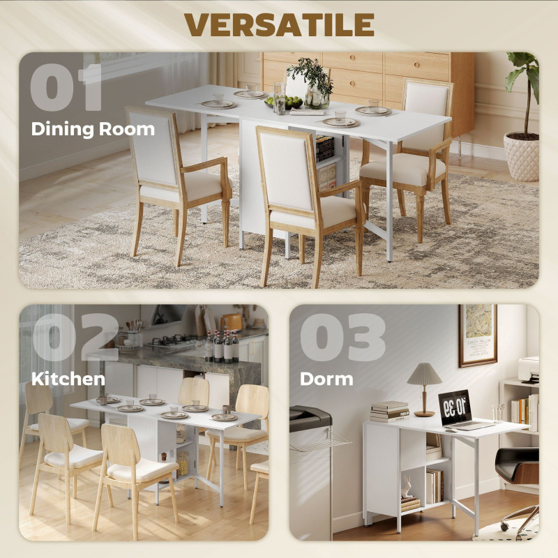 Multi-use Foldable Table with Hideaway Shelves, Drop Leaf Table for Kitchen, Dining, Study and Office, White