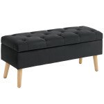 Storage Ottoman with Lid, Velvet Upholstered Storage Bench with Wood Legs for Living Room, Black
