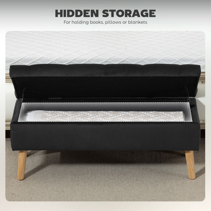 Storage Ottoman with Lid, Velvet Upholstered Storage Bench with Wood Legs for Living Room, Black