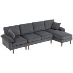 L-Shape Sofa with Changeable Chaise Lounge, 2 Pillows and Wooden Legs, Modern Sectional Couch for Living Room, Dark Grey