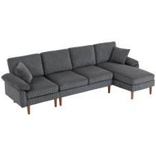 L-Shape Sofa with Changeable Chaise Lounge, 2 Pillows and Wooden Legs, Modern Sectional Couch for Living Room, Dark Grey